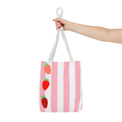 Strawberry Stripe Tote Bag With Pink Red Fruit Pattern