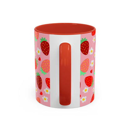 Strawberry Love Cup Ceramic Coffee Mug 11oz 15oz Pink Interior Pink Handle White With Striped Strawberry Pattern