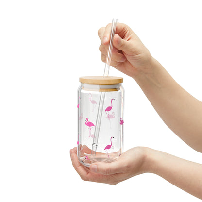 Flamingo Sipper Glass | 16oz Glass Can with Bamboo Lid & Straw