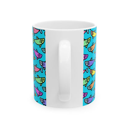 Hand Drawn Happy Fish Mug Ceramic Coffee Cup 11 Oz Glossy White Finish Artwork Gift For Coffee Lovers