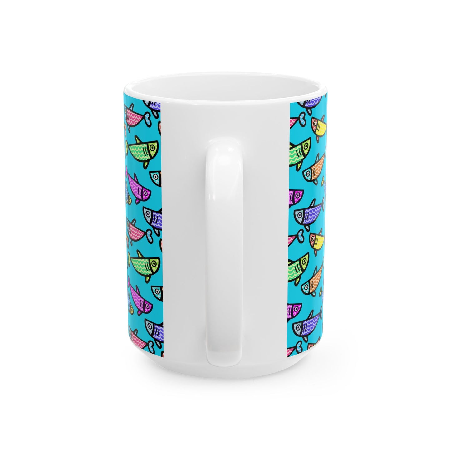 Hand Drawn Happy Fish Mug Ceramic Coffee Cup 11 Oz Glossy White Finish Artwork Gift For Coffee Lovers