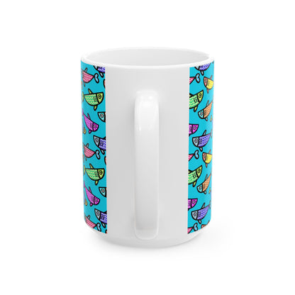 Hand Drawn Happy Fish Mug Ceramic Coffee Cup 11 Oz Glossy White Finish Artwork Gift For Coffee Lovers