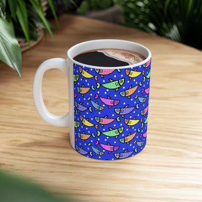 Happy Fish 2 Hand Drawn Illustration Ceramic Coffee Mug With Glossy Finish For Morning Joy