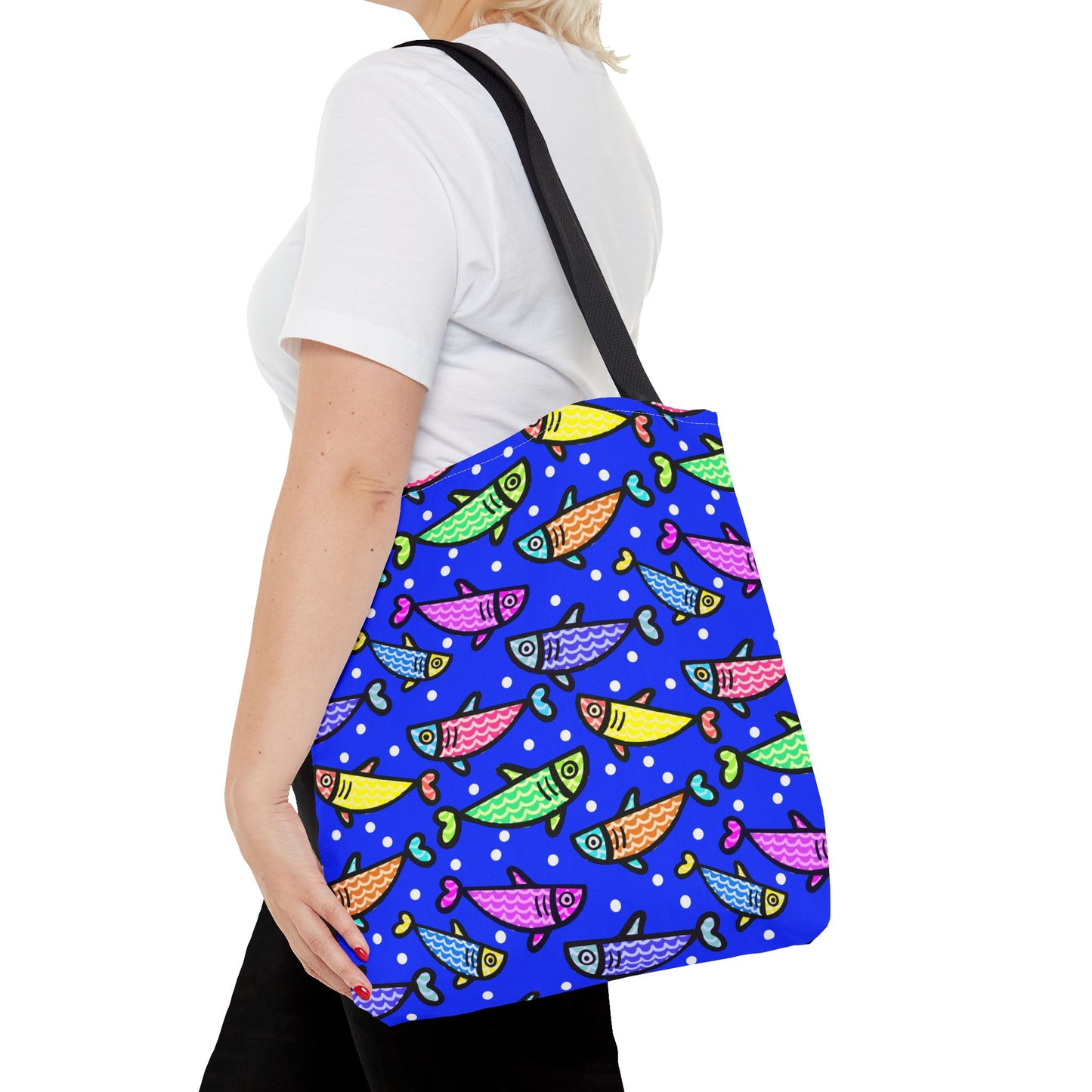 Happy Fish Tote Bag All Over Print Hand Drawn Fish Illustration Three Sizes