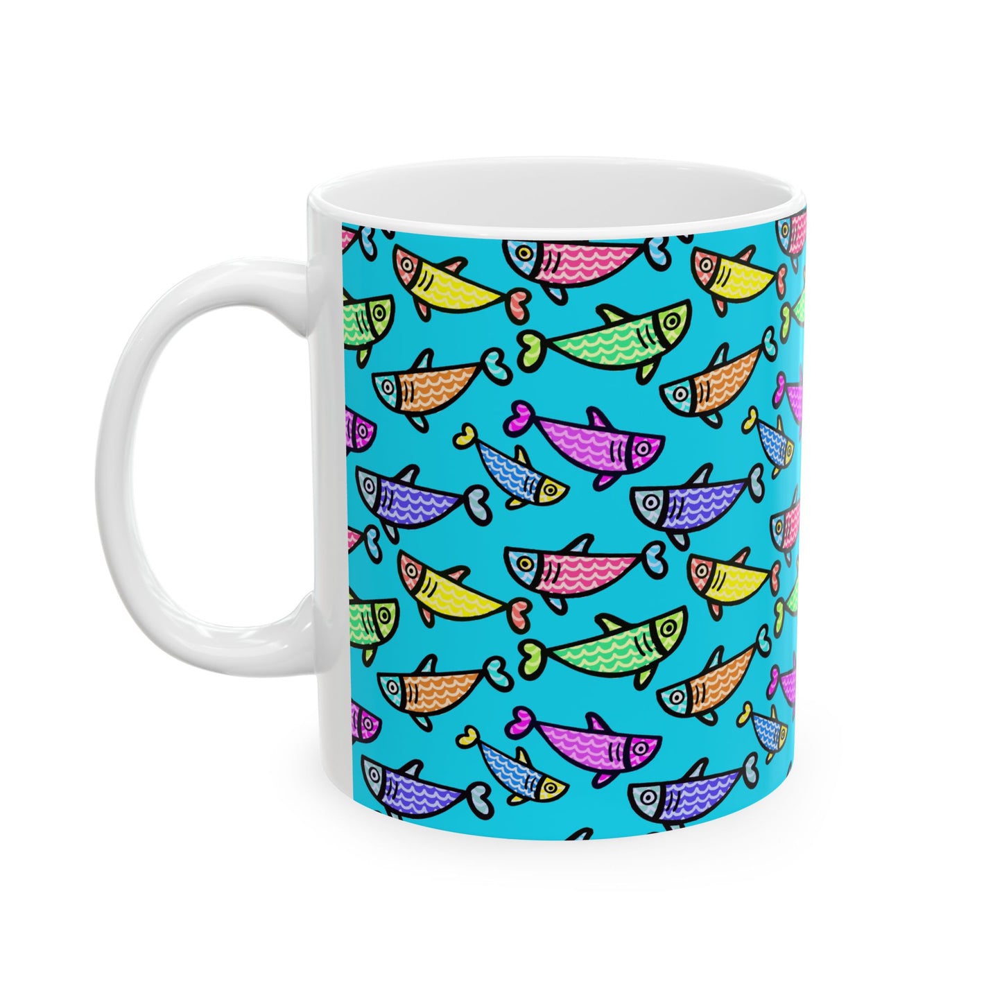 Hand Drawn Happy Fish Mug Ceramic Coffee Cup 11 Oz Glossy White Finish Artwork Gift For Coffee Lovers