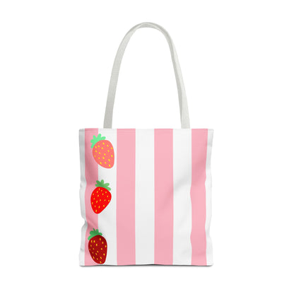 Strawberry Stripe Tote Bag With Pink Red Fruit Pattern