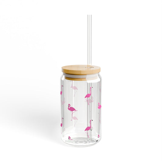 Flamingo Sipper Glass | 16oz Glass Can with Bamboo Lid & Straw