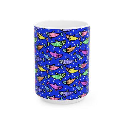 Happy Fish 2 Hand Drawn Illustration Ceramic Coffee Mug With Glossy Finish For Morning Joy