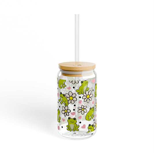Frog & Daisy Sipper Glass | 16oz Glass Can with Bamboo Lid & Straw