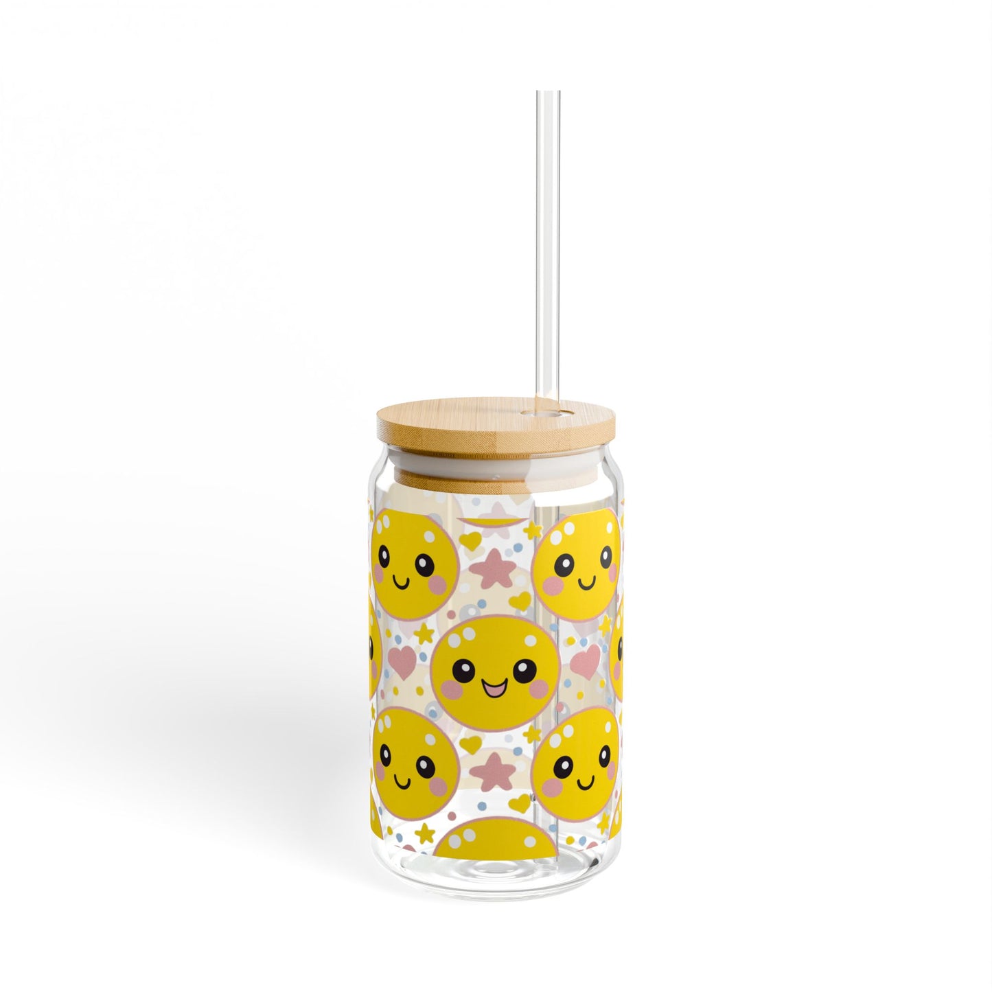 Retro Happy Face Sipper Glass | 16oz Glass Can with Bamboo Lid & Straw