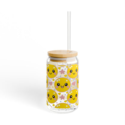 Retro Happy Face Sipper Glass | 16oz Glass Can with Bamboo Lid & Straw