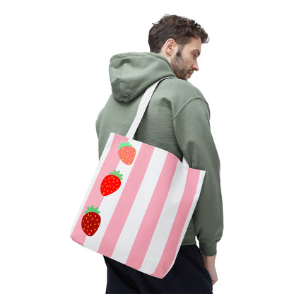 Strawberry Stripe Tote Bag With Pink Red Fruit Pattern