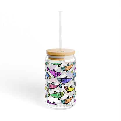 Colorful Fish Pattern Sipper Glass | 16oz Glass Can with Bamboo Lid & Straw