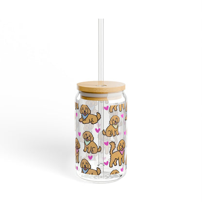 Goldendoodle Dog Sipper Glass | 16oz Glass Can with Bamboo Lid & Straw