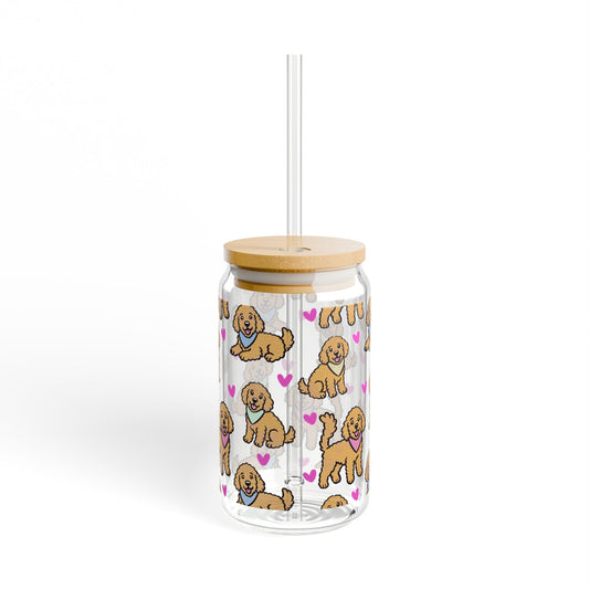 Goldendoodle Dog Sipper Glass | 16oz Glass Can with Bamboo Lid & Straw
