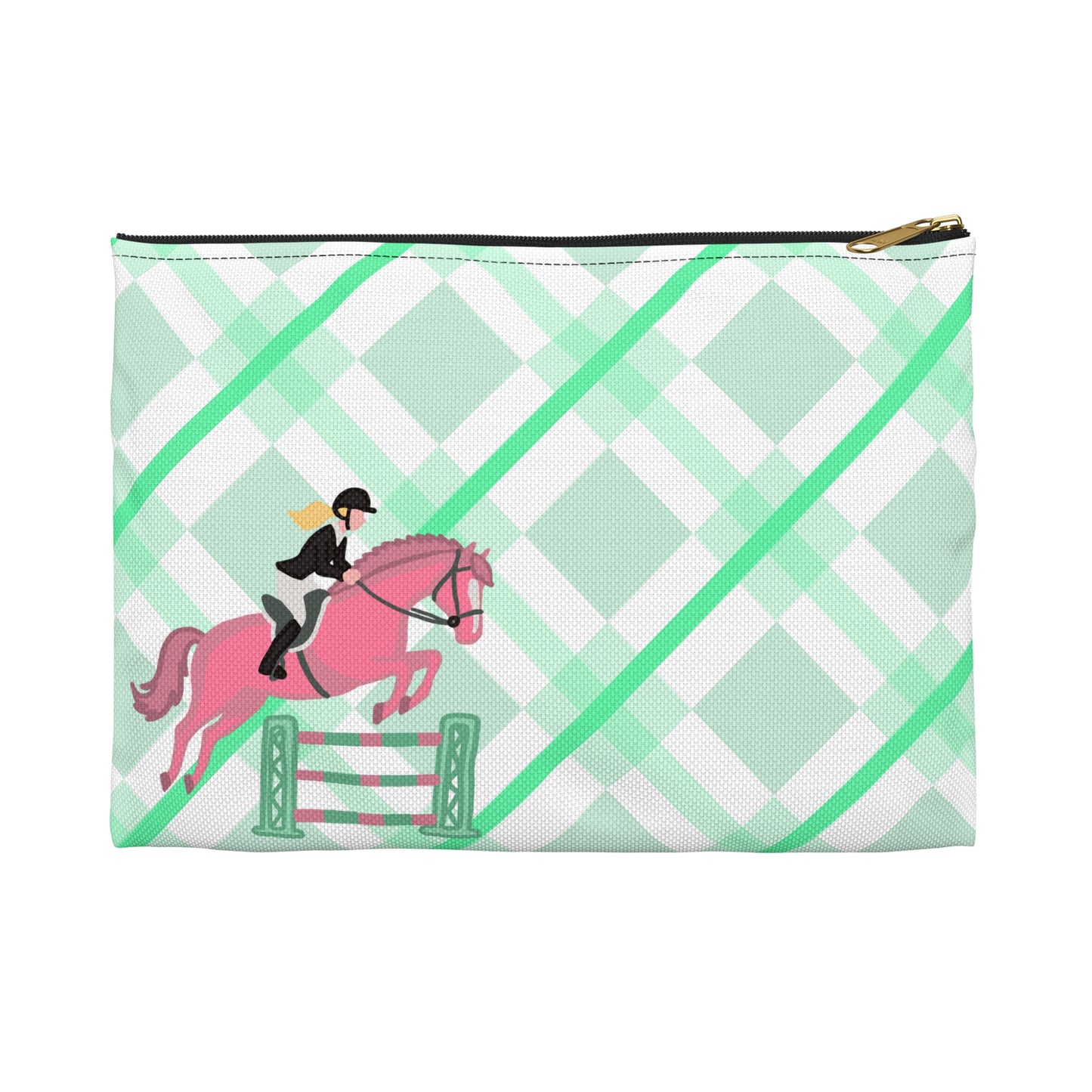 Equestrian Jumping Accessory Pouch — Mint Plaid Horse Rider Makeup Bag