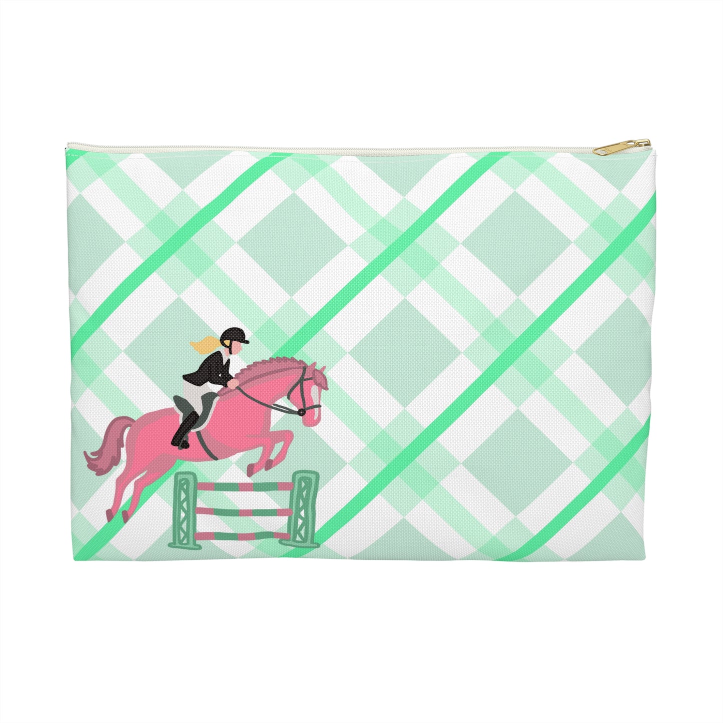 Equestrian Jumping Accessory Pouch — Mint Plaid Horse Rider Makeup Bag