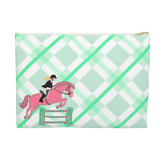 Equestrian Jumping Accessory Pouch — Mint Plaid Horse Rider Makeup Bag
