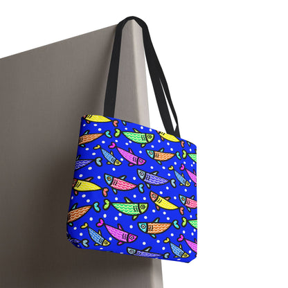 Happy Fish Tote Bag All Over Print Hand Drawn Fish Illustration Three Sizes
