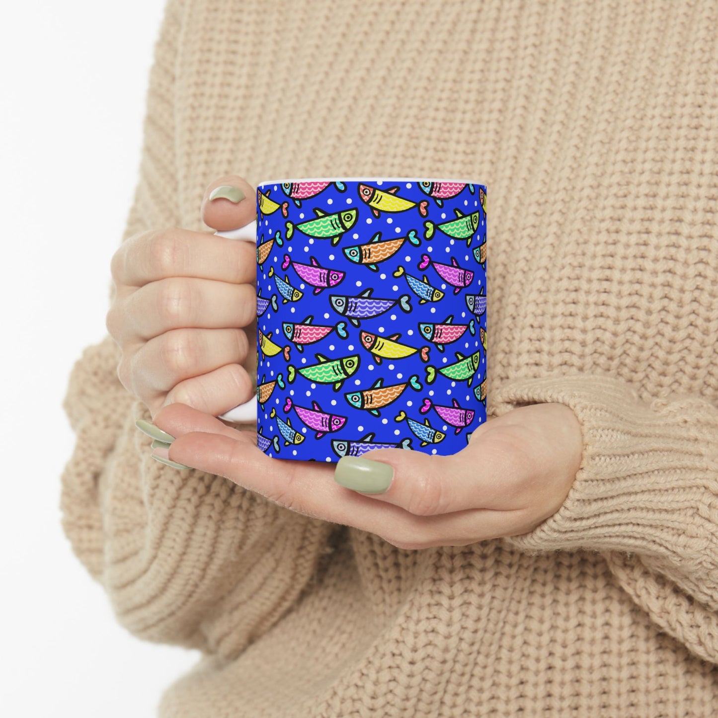 Happy Fish 2 Hand Drawn Illustration Ceramic Coffee Mug With Glossy Finish For Morning Joy