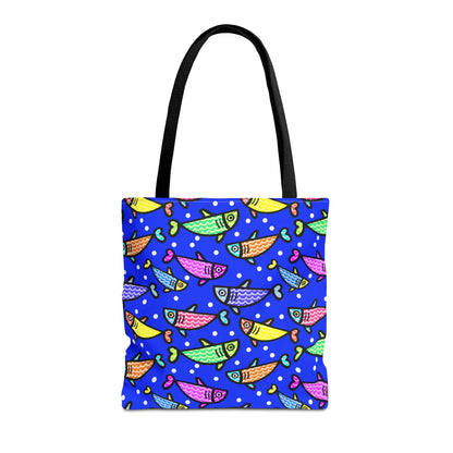 Happy Fish Tote Bag All Over Print Hand Drawn Fish Illustration Three Sizes