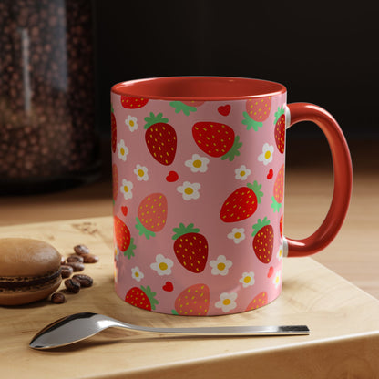 Strawberry Love Cup Ceramic Coffee Mug 11oz 15oz Pink Interior Pink Handle White With Striped Strawberry Pattern
