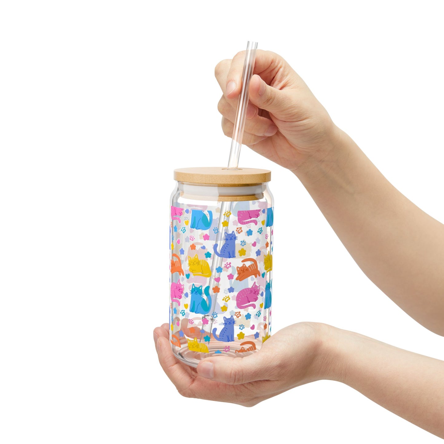 Colorful Cat Pattern Sipper Glass | 16oz Glass Can with Bamboo Lid & Straw