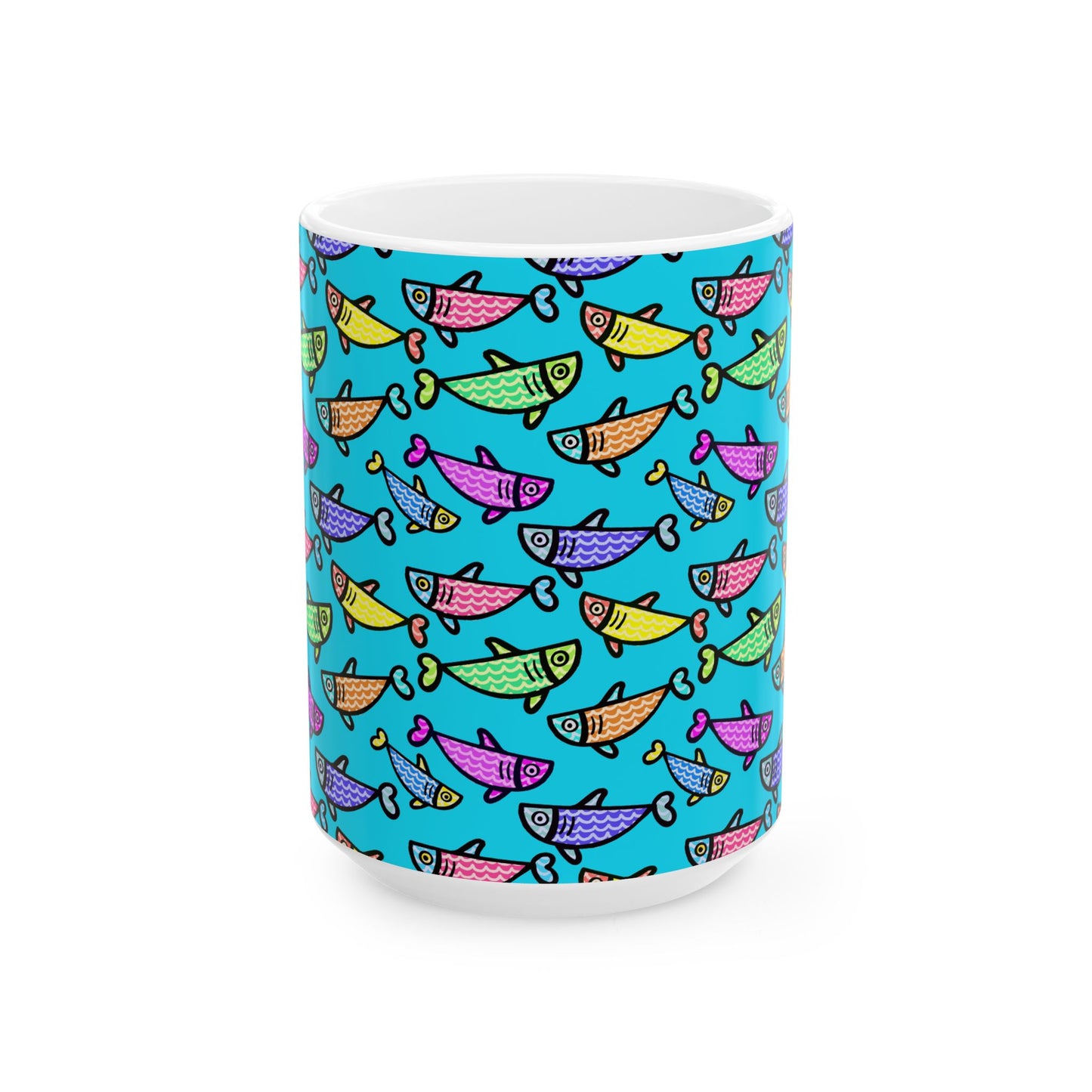 Hand Drawn Happy Fish Mug Ceramic Coffee Cup 11 Oz Glossy White Finish Artwork Gift For Coffee Lovers