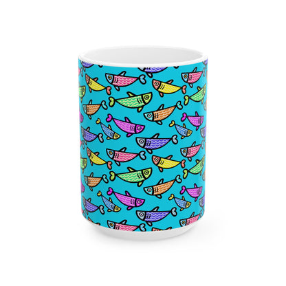 Hand Drawn Happy Fish Mug Ceramic Coffee Cup 11 Oz Glossy White Finish Artwork Gift For Coffee Lovers