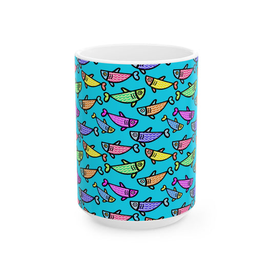 Hand Drawn Happy Fish Mug Ceramic Coffee Cup 11 Oz Glossy White Finish Artwork Gift For Coffee Lovers