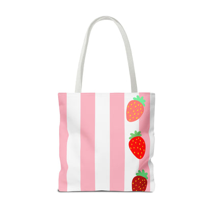 Strawberry Stripe Tote Bag With Pink Red Fruit Pattern