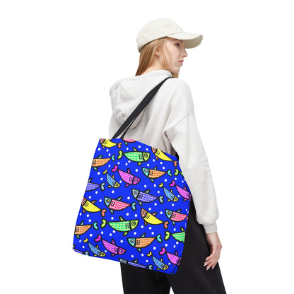 Happy Fish Tote Bag All Over Print Hand Drawn Fish Illustration Three Sizes