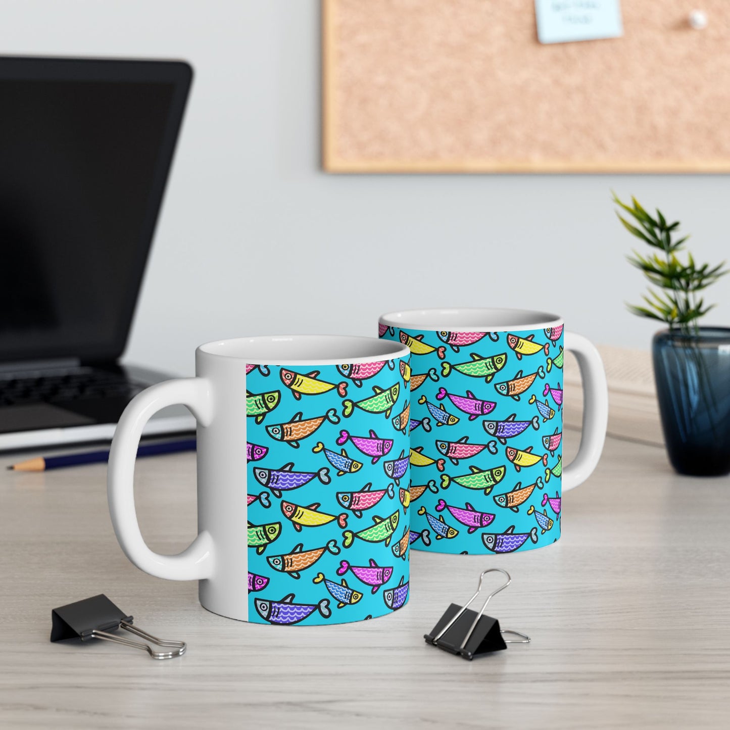 Hand Drawn Happy Fish Mug Ceramic Coffee Cup 11 Oz Glossy White Finish Artwork Gift For Coffee Lovers