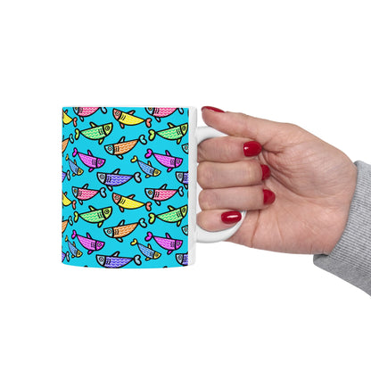 Hand Drawn Happy Fish Mug Ceramic Coffee Cup 11 Oz Glossy White Finish Artwork Gift For Coffee Lovers
