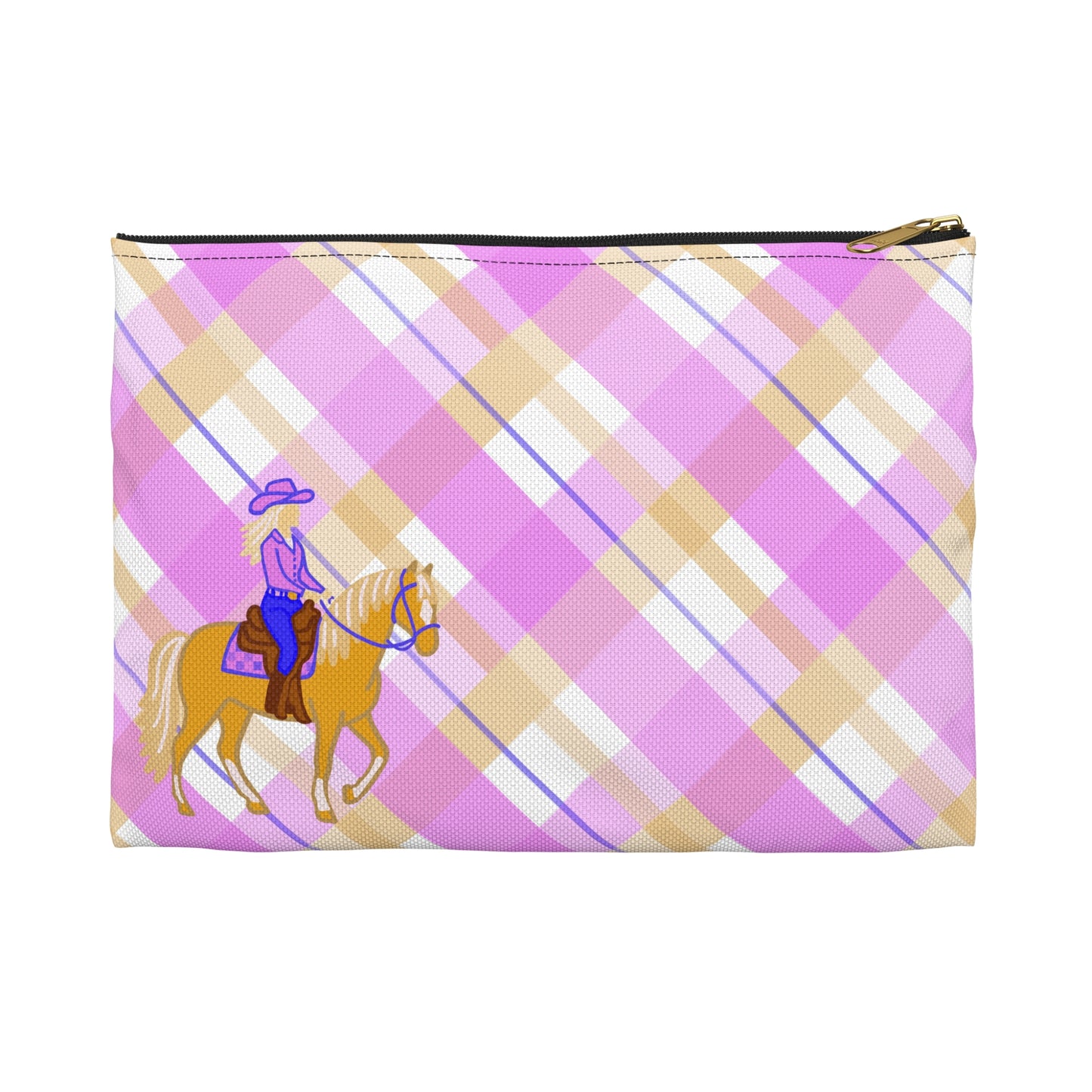Cowgirl Plaid Accessory Pouch — Pink Plaid Horse Riding Makeup Bag