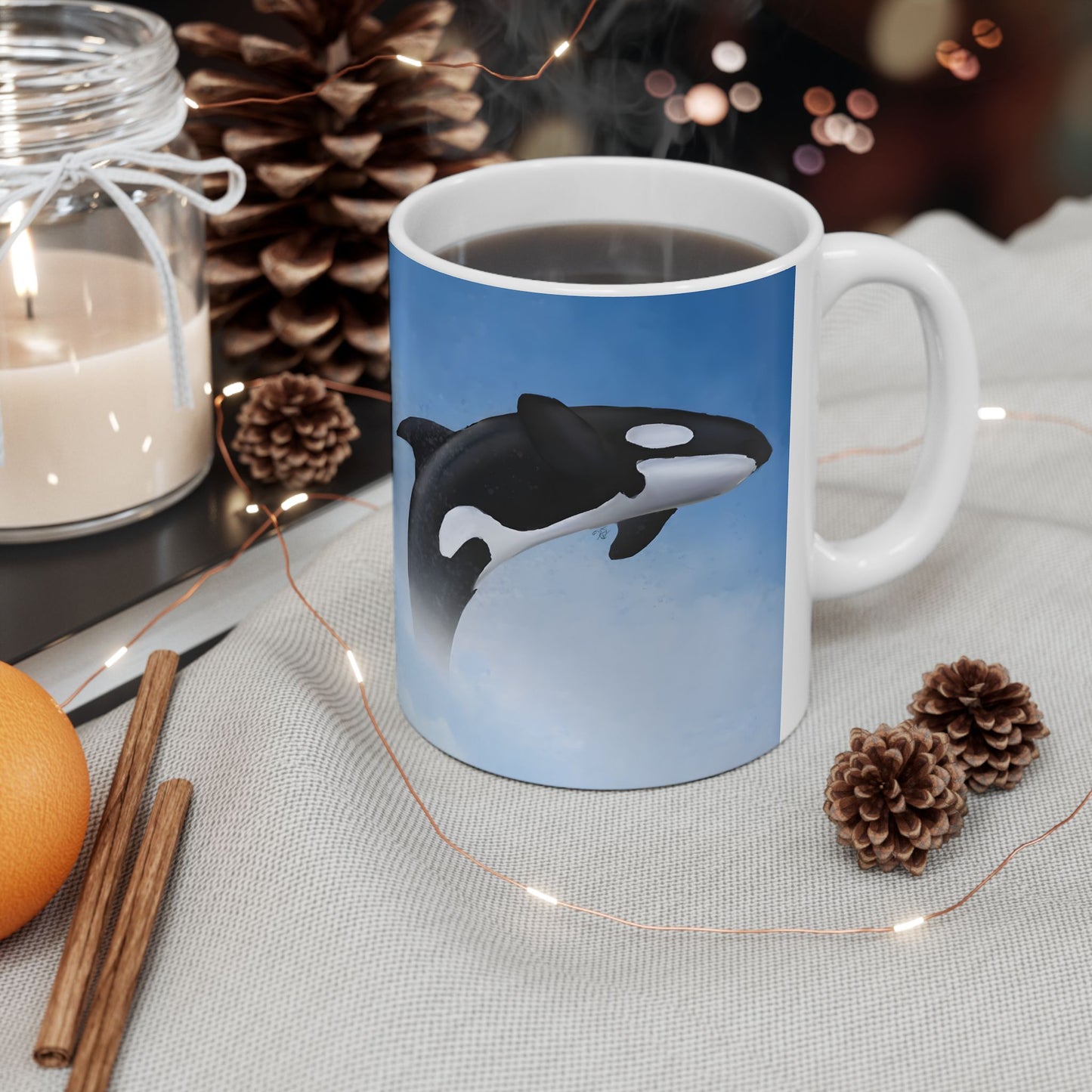 Orca Killer Whale Ceramic Mug Coffee Cup With Winter Blue Snowflake Design Dishwasher Safe Gift