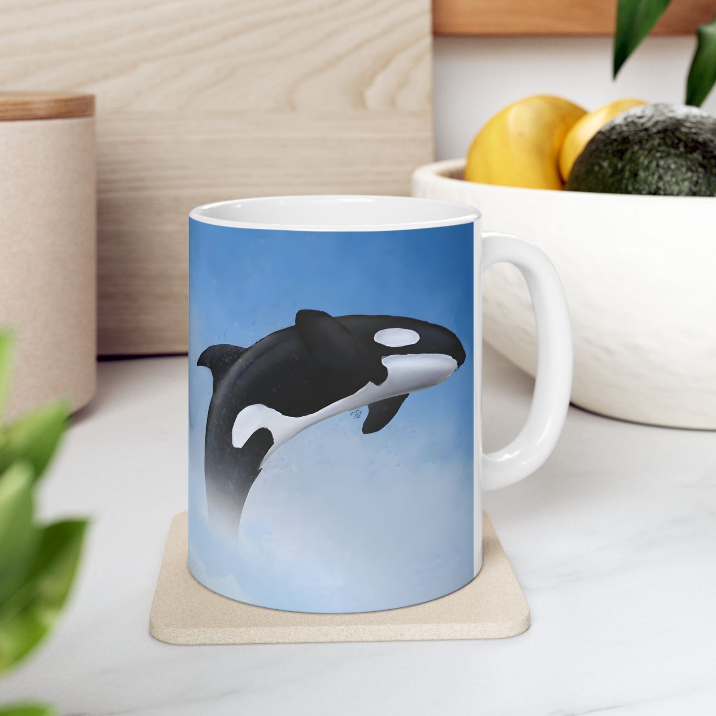 Orca Killer Whale Ceramic Mug Coffee Cup With Winter Blue Snowflake Design Dishwasher Safe Gift