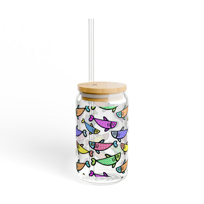 Colorful Fish Pattern Sipper Glass | 16oz Glass Can with Bamboo Lid & Straw