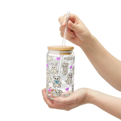 Cruise Towel Animal Sipper Glass | 16oz Glass Can with Bamboo Lid & Straw