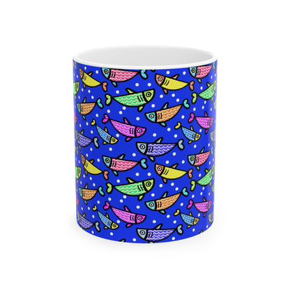 Happy Fish 2 Hand Drawn Illustration Ceramic Coffee Mug With Glossy Finish For Morning Joy