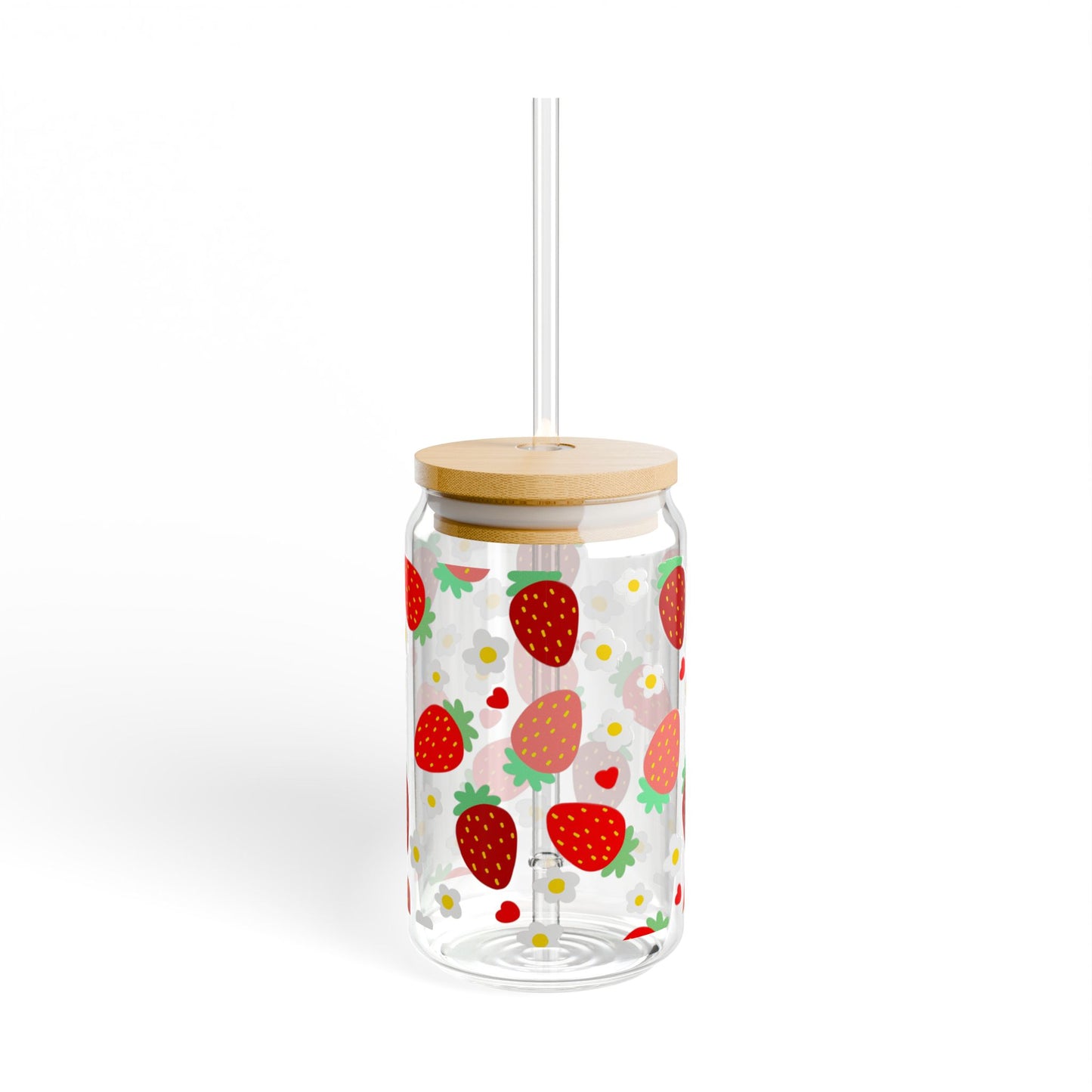 Strawberry Daisy Sipper Glass | 16oz Floral Glass Can with Bamboo Lid & Straw