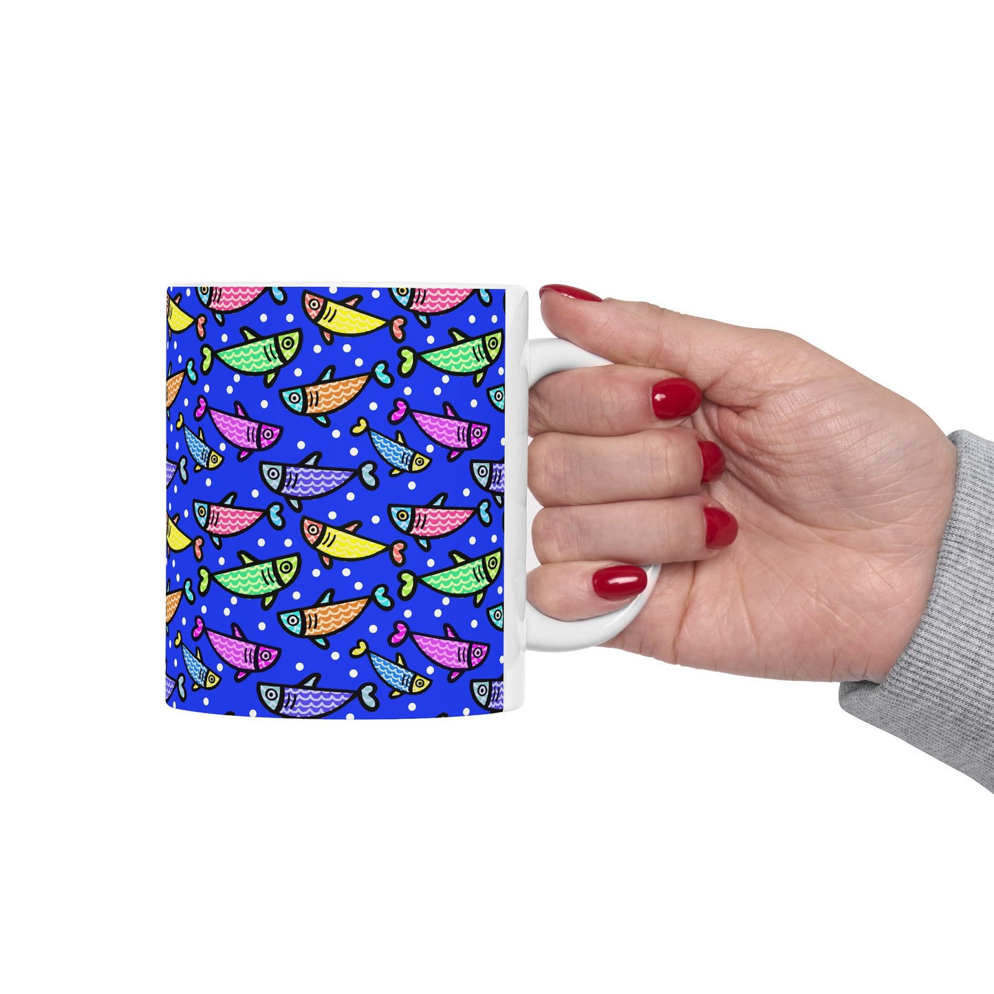 Happy Fish 2 Hand Drawn Illustration Ceramic Coffee Mug With Glossy Finish For Morning Joy