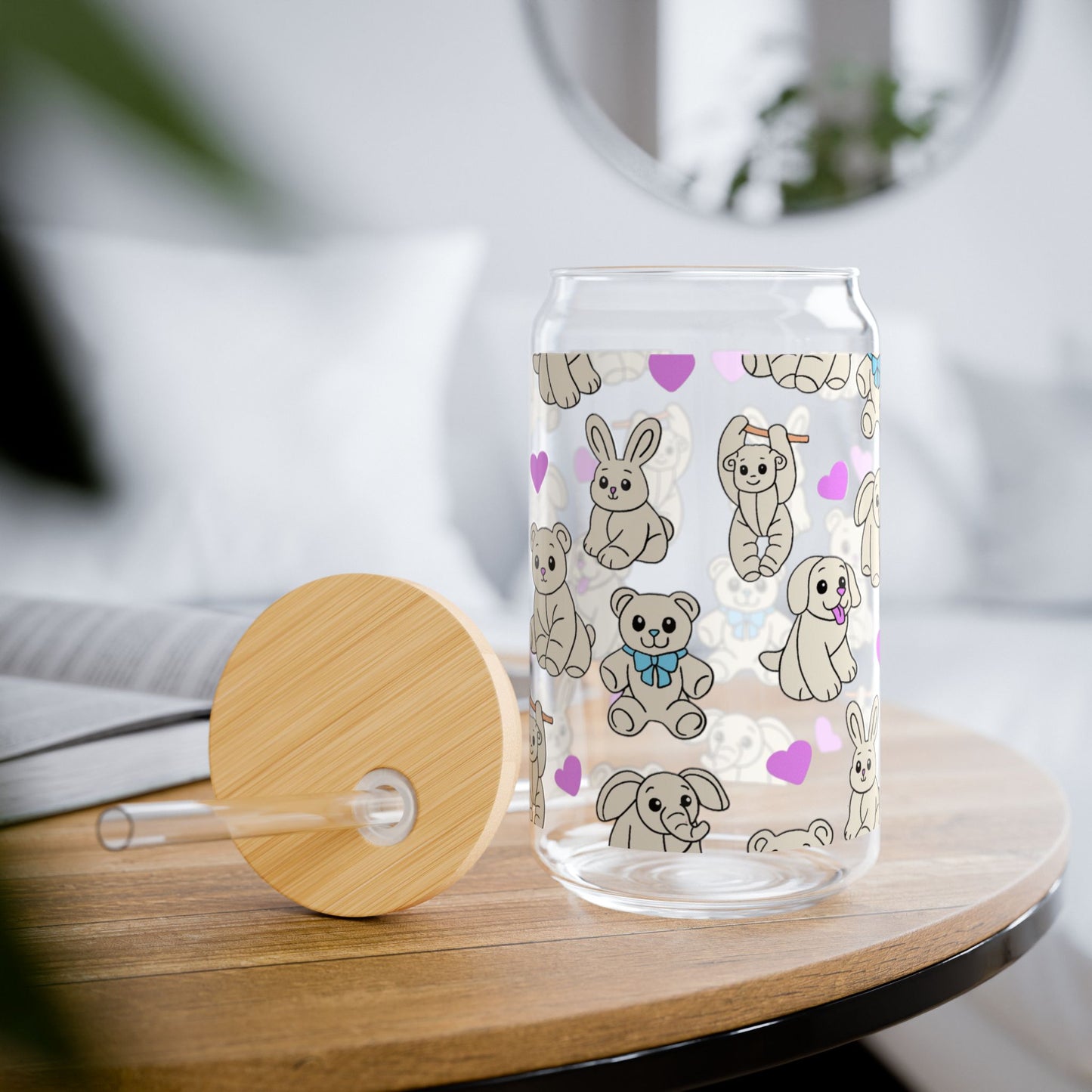 Cruise Towel Animal Sipper Glass | 16oz Glass Can with Bamboo Lid & Straw