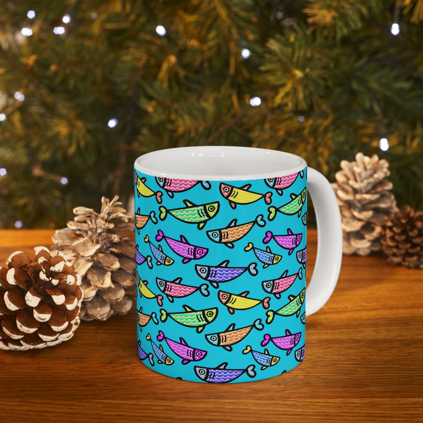 Hand Drawn Happy Fish Mug Ceramic Coffee Cup 11 Oz Glossy White Finish Artwork Gift For Coffee Lovers