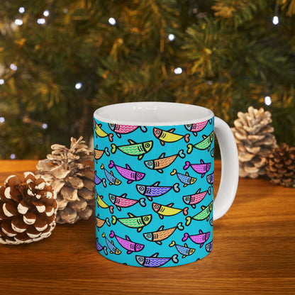 Hand Drawn Happy Fish Mug Ceramic Coffee Cup 11 Oz Glossy White Finish Artwork Gift For Coffee Lovers