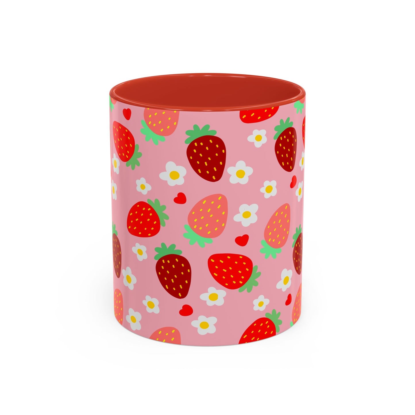 Strawberry Love Cup Ceramic Coffee Mug 11oz 15oz Pink Interior Pink Handle White With Striped Strawberry Pattern