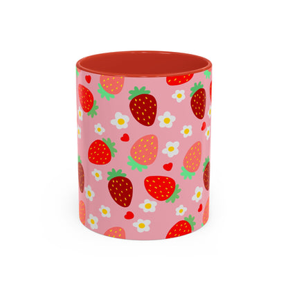 Strawberry Love Cup Ceramic Coffee Mug 11oz 15oz Pink Interior Pink Handle White With Striped Strawberry Pattern