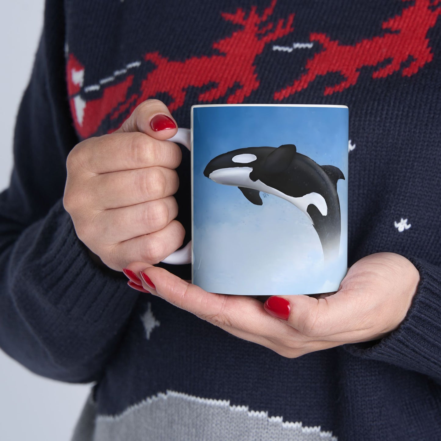 Orca Killer Whale Ceramic Mug Coffee Cup With Winter Blue Snowflake Design Dishwasher Safe Gift