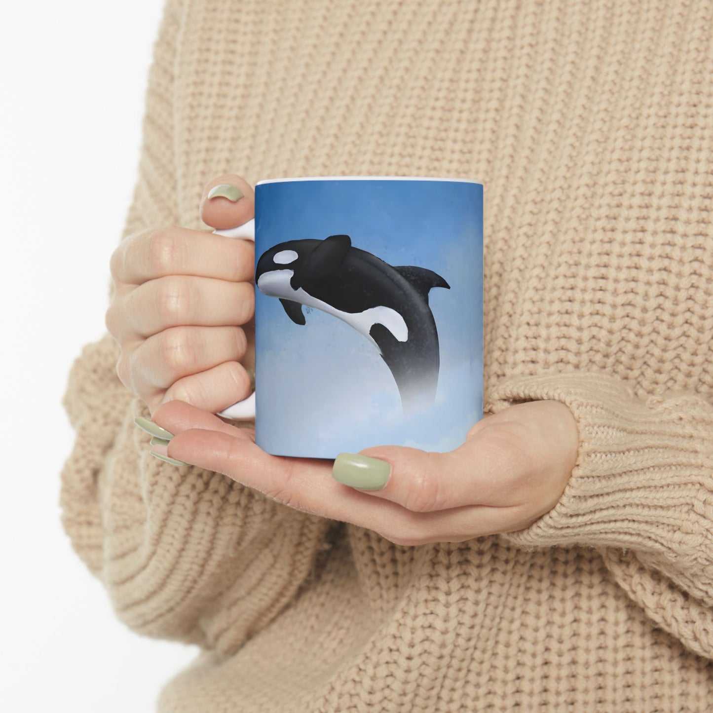 Orca Killer Whale Ceramic Mug Coffee Cup With Winter Blue Snowflake Design Dishwasher Safe Gift
