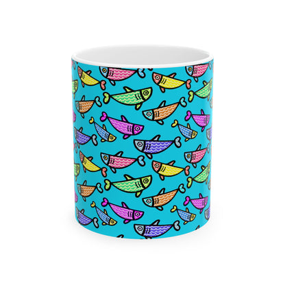 Hand Drawn Happy Fish Mug Ceramic Coffee Cup 11 Oz Glossy White Finish Artwork Gift For Coffee Lovers